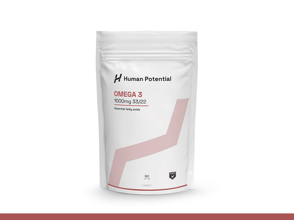 White supplement package labeled 'Human Potential Omega 3' on a white background