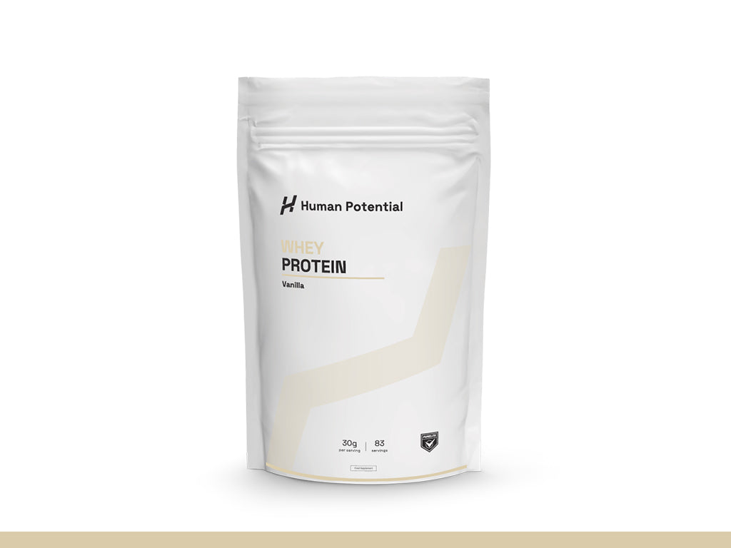 Protein powder package with 'Human Potential' branding on a white background