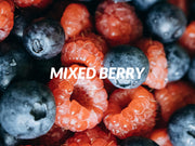 Close-up of mixed berries with 'MIXED BERRY' text overlay
