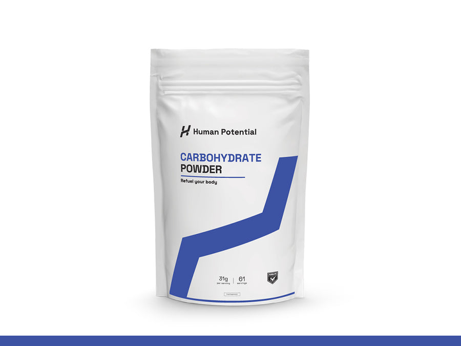 White package of 'Human Potential Carbohydrate Powder' on a white background