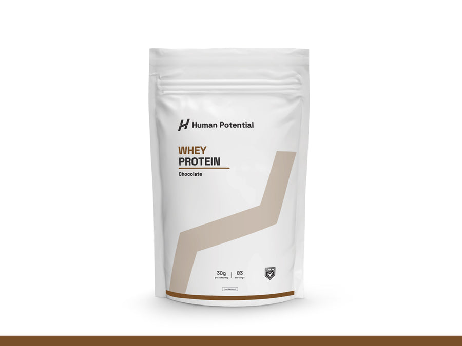 Whey protein package with 'Human Potential' branding on a white background