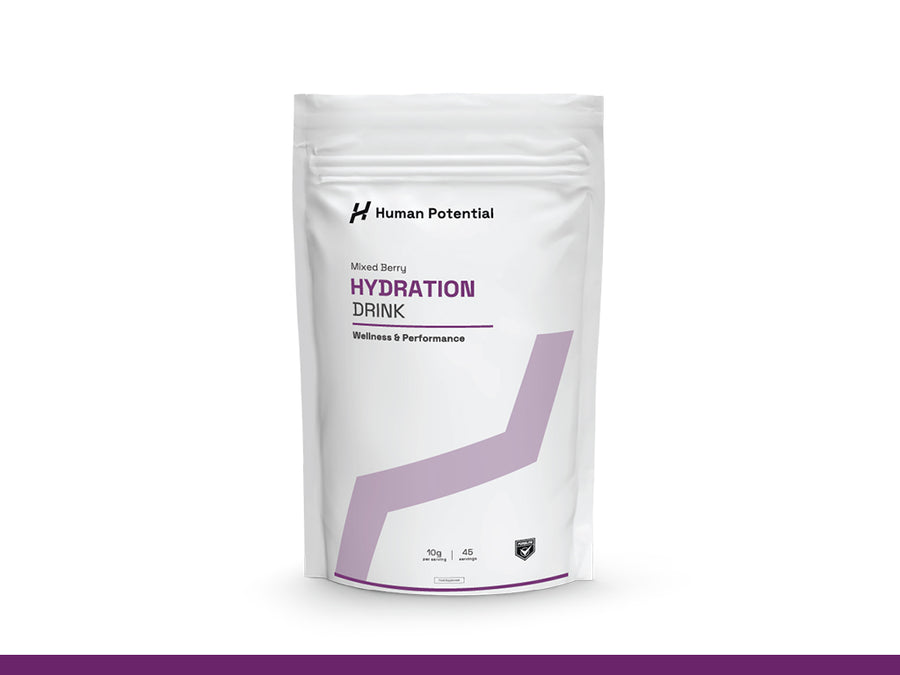 Hydration drink package with 'Human Potential' branding on a white background