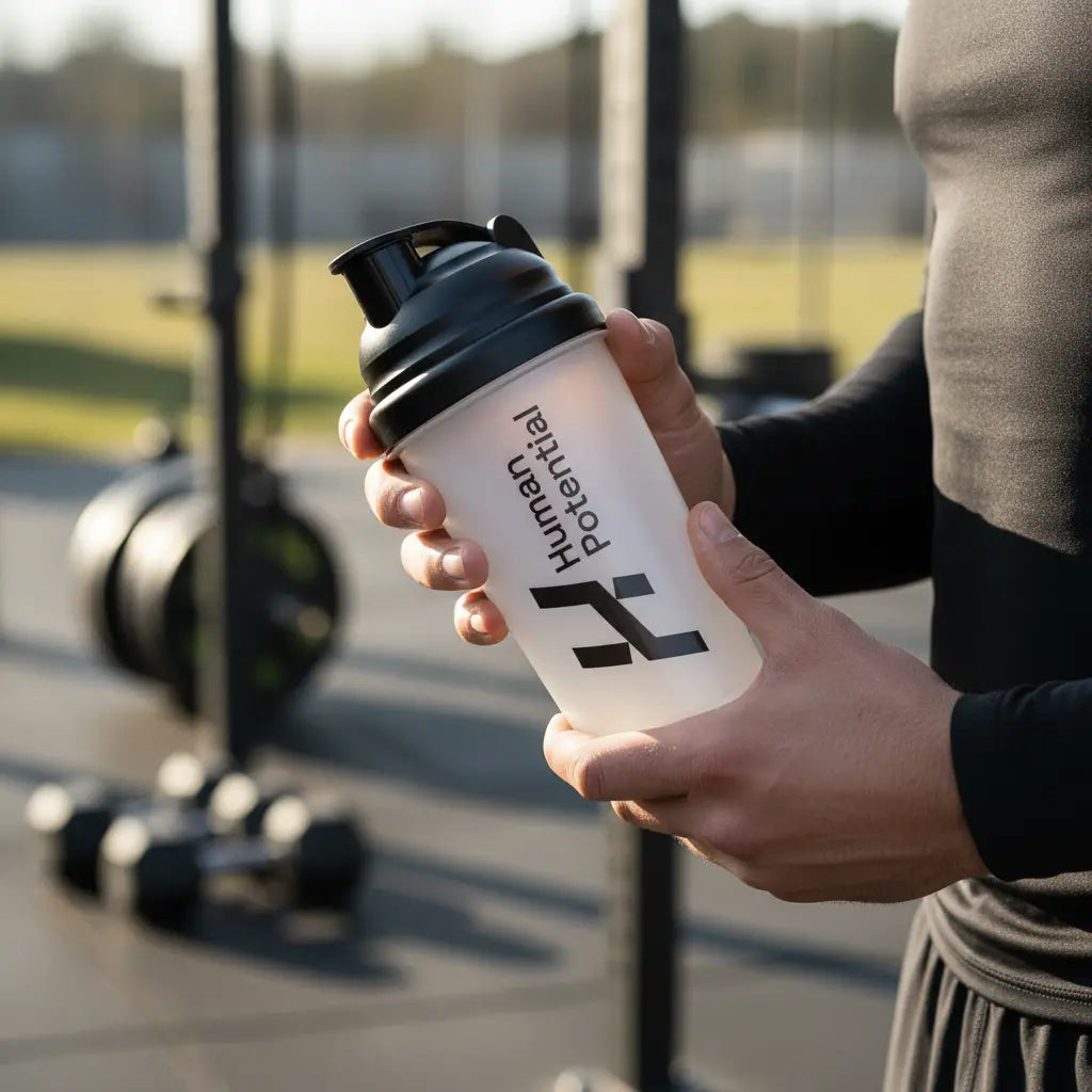 Person holding a 'Human Potential' shaker bottle with gym equipment in the background