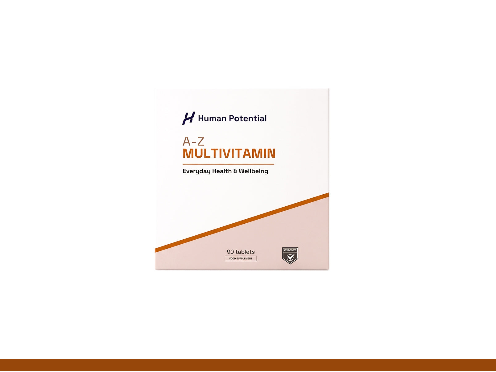 A box of Human Potential A-Z Multivitamin tablets, featuring a white and dusty pink design with a diagonal brown accent line, set against a clean white background.