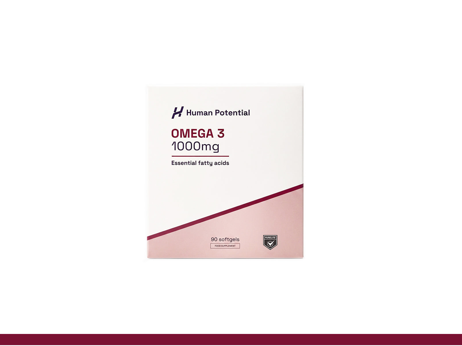 A white and pink box of Human Potential Omega 3 1000mg softgels, shown against a plain white background.