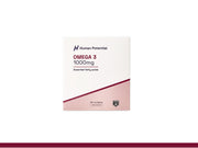 A white and pink box of Human Potential Omega 3 1000mg softgels, shown against a plain white background.