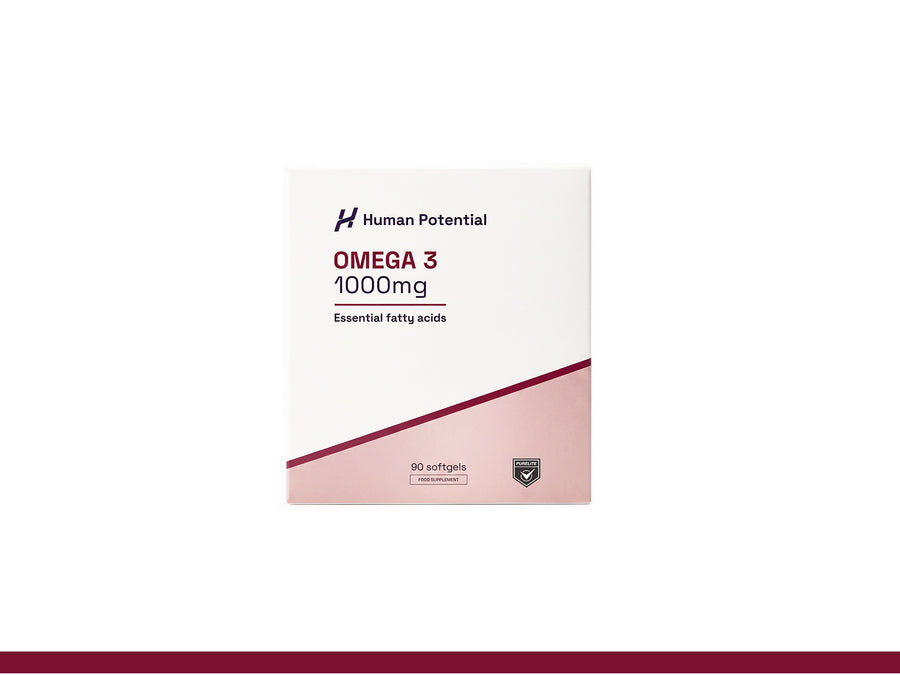 A white and pink box of Human Potential Omega 3 1000mg softgels, shown against a plain white background.