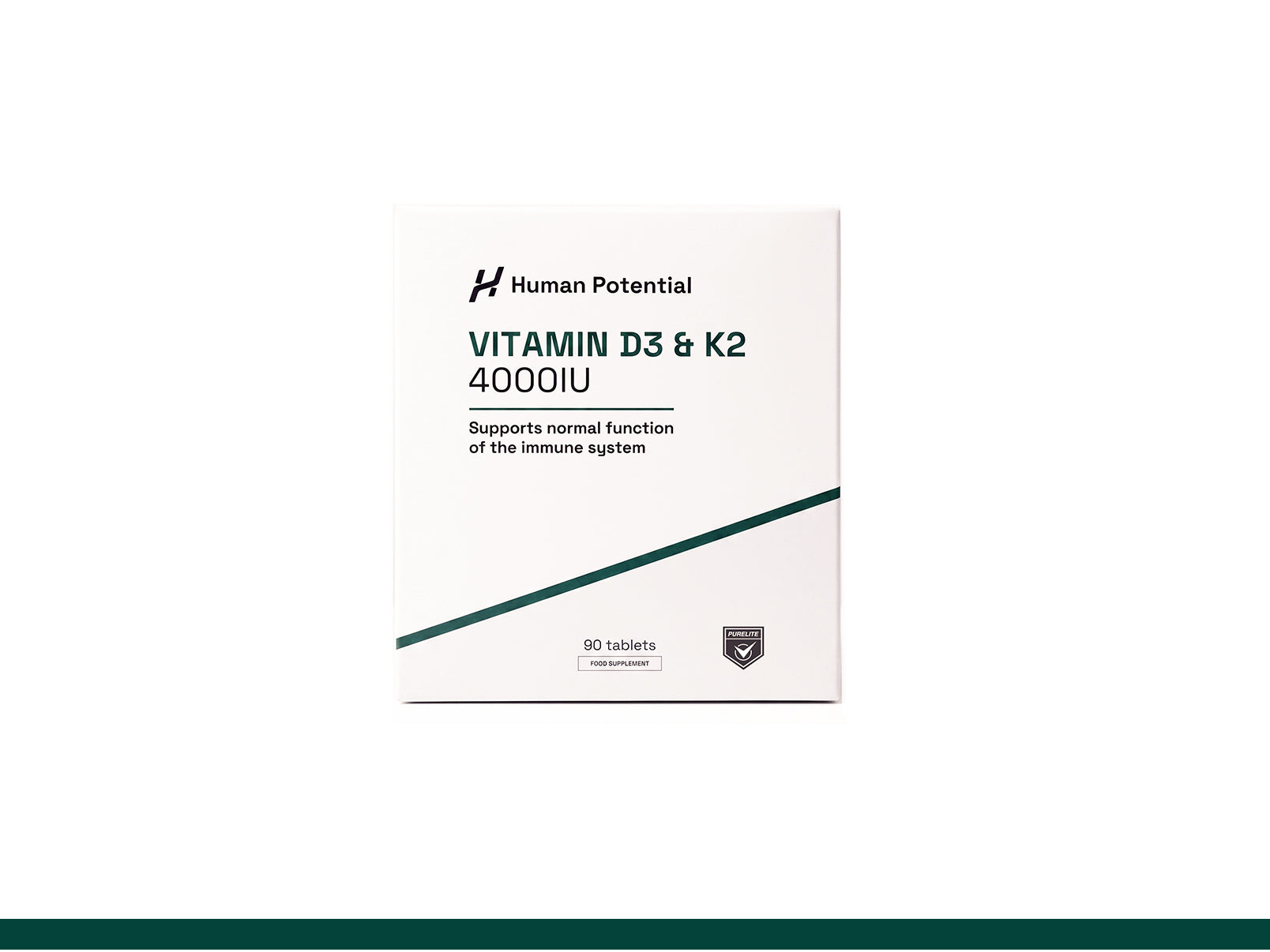 A white rectangular product box for Human Potential Vitamin D3 & K2 4000IU, featuring black text and a dark teal diagonal line on a white background.