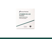 A white rectangular product box for Human Potential Vitamin D3 & K2 4000IU, featuring black text and a dark teal diagonal line on a white background.