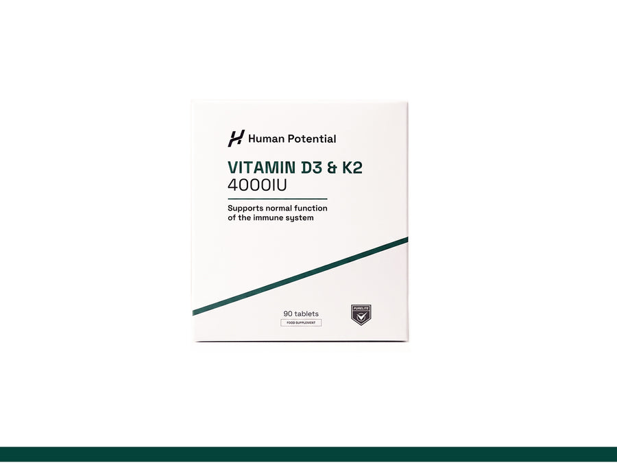 A white rectangular product box for Human Potential Vitamin D3 & K2 4000IU, featuring black text and a dark teal diagonal line on a white background.